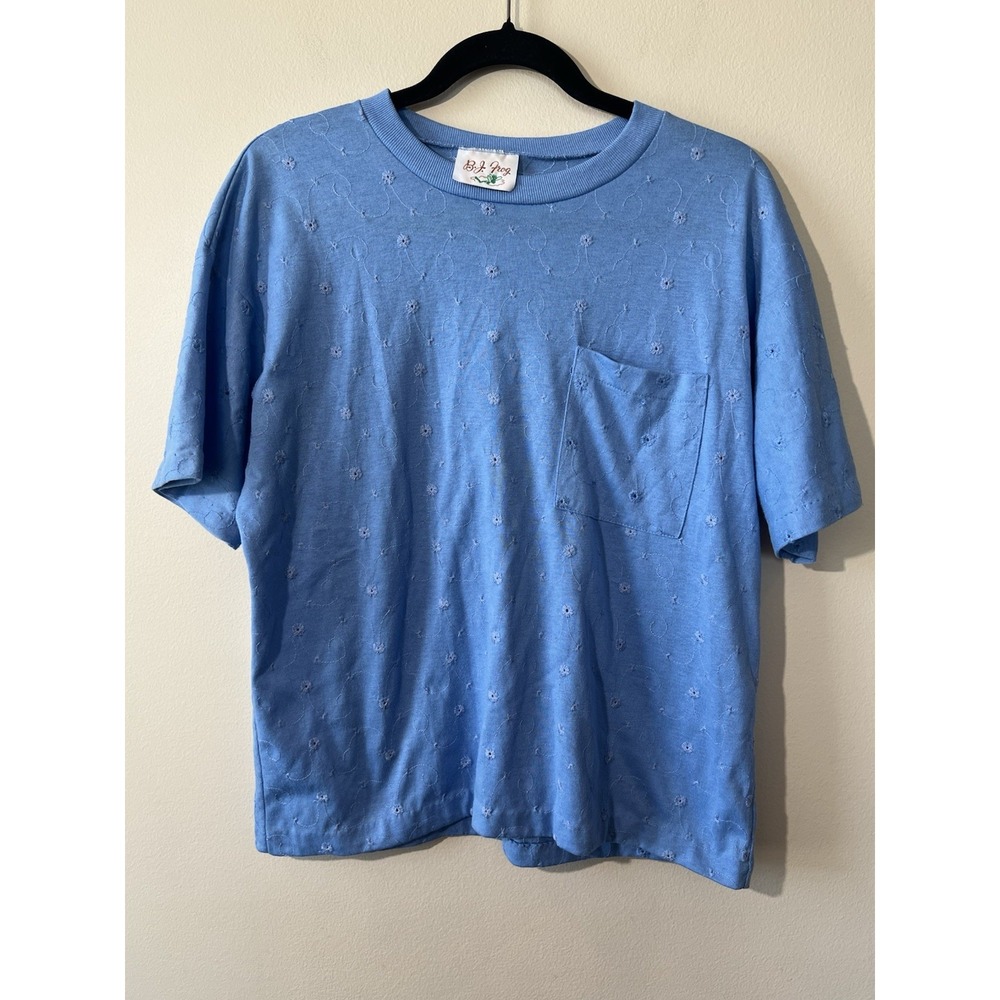 BJ Frog Short Sleeve Top Women‎ L Embroidered Blue Floral Vintage Crew  No Tags
